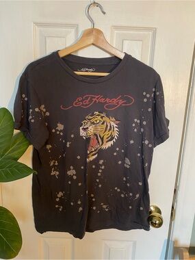 Ed Hardy Black Tee with Tiger Graphic and Red Script